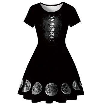Raisevern Harajuku Juoda Moterų Gotikos Suknelė 3D Mėnulio Fazės Spausdinti Trumpas Rankovės-Line Suknelė, Mini Suknelė Vestido Lašas Laivybos - 