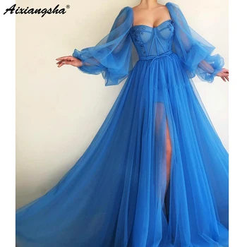 Romantiška Mėlyna Musulmonų Vakaro Suknelės-line Brangioji ilgomis Rankovėmis Tiulio Islamo Dubajus, Saudo arabų Ilgai Vakare Promenadzie Suknelė - 