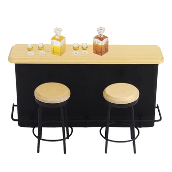 1/12 Scale Dollhouse Bar Cabinet Table Stool Liquor Wine Bottle Cups Kitchen Set - 
