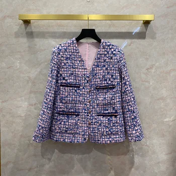 Naujas dizaineris Moterų Aukštos kokybės Šilko, Pamušalas pledas tvido paltas Mados elegantiškas V-kaklo Grandines striukės C770 - 