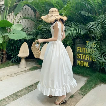 Korėjos kilimo ir tūpimo Tako 2021 Sundress Ilgai Giliai V-kaklo Balta Moterų Vasaros Suknelė Elegantiškas Maxi Backless Derliaus Šalis Atostogų Paplūdimio Suknelė - 