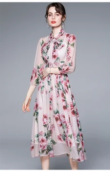 ZUOMAN Moterų Elegantiškas Gėlių Šifono Suknelė Festa Aukštos Kokybės Ilgas Rožinis Vestuvės Skraiste Femme Derliaus Lankas Dizaineris Vestidos - 