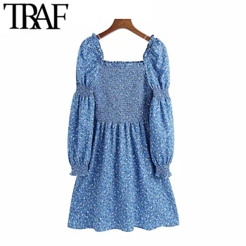 TRAF Moterų Elegantiškos Mados Smocked Elastinga Išspausdinti Mini Suknelė Vintage Aikštėje Apykaklės Žibintų Rankovės Moterų Suknelės, Vestidos - 