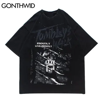 GONTHWID Negabaritinių Marškinėliai Hip-Hop Nelaimę Punk Rock, Gothic Tshirts Atsitiktinis Palaidų Harajuku Streetwear trumpomis Rankovėmis Viršūnes Tees - 