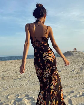 Gėlių Bohemijos Suknelė Retro Gėlių Spausdinti Dirželis Backless Suknelė Elegantiškas Mados Moterų Vasaros Slim Long Beach Suknelės Vestido Mujer - 