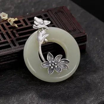 Originalaus Dizaino Tuščiaviduriai Kūrybos Gamtos Hetian Balta Magnolia Gėlių Karoliai Pakabukas Kinijos Retro Žavesio Moterų Sidabro Papuošalai - 