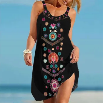 Moterų Gėlių Spausdinti Bohemijos Sundress Šalies Paplūdimio Atostogų Kaklaraištis Dažų Kietas Aukštos Ritininės Ilgai Bodycons Suknelė Tunika Sundress R5 - 