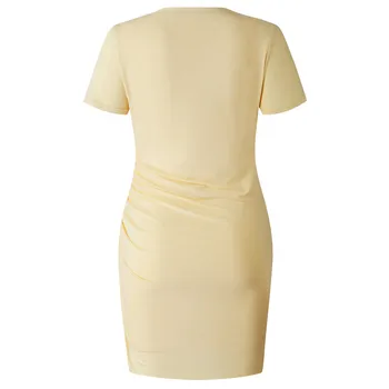 Moterų Mini Suknelė 2021 Atsitiktinis V-Kaklo trumpomis Rankovėmis Ruched Bodycon Suknelė Marškinėliai Trumpos Suknelės su Mygtukais Vasaros Apdaras Femme - 