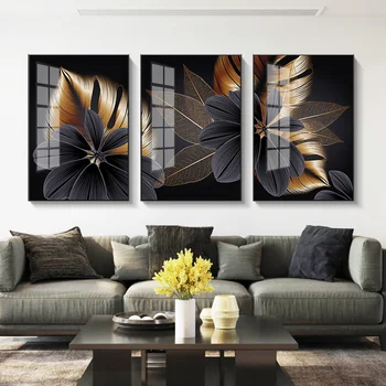 Paprasta šiuolaikinio abstraktaus juodos ir baltos aukso lapų pramoninės vėjo mados meno triptiką dekoratyvinis nuotrauką plakato spausdinimas - 