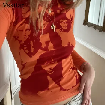 Vsstiar Portretas T-Shirt Rudenį Y2K ilgomis Rankovėmis Mados Atsitiktinis Moterų Drabužiai Gatvės Žiemą, O Kaklo Kaklaraištis Dažų Spausdinti Viršūnes Tees 90S - 