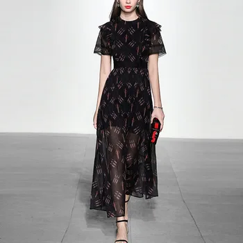 Vintage Black Atspausdintas Šifono Ilgos Suknelės Moterims Vasaros 2021 Aukštos Kokybės kilimo ir tūpimo Tako Elegantiškas Plisuotos Maxi Suknelė Vestidos - 