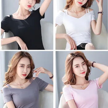 Marškinėliai moterims 2021 kietos ponios viršūnės juodos spalvos trumpomis rankovėmis marškinėliai moterims topai marškinėliai moterims harajuku shirt V-Kaklo rožinės blusas viršuje 0544 - 
