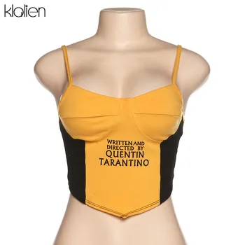 KLALIEN spausdinimo camisole moterys vasarą 2020 m sexy high street apkarpyti viršūnes juoda geltona Kratinys mados paprasta estetinės marškinėliai - 