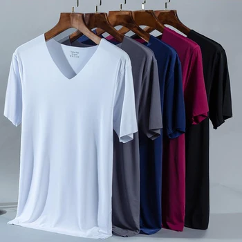 Vyriški trumparankoviai marškinėliai ledo šilko besiūlių dugno marškinėliai sporto quick dry V-neck slim atsitiktinis kvėpuojantis marškinėliai - 