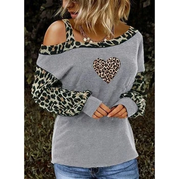 Ponios Plius Dydis Marškinėliai Leopard Susiuvimo Off-Pečių Ilgomis Rankovėmis Megztinis Viršuje Prarasti Harajuku Moterų Mados Drabužių Streetwear - 