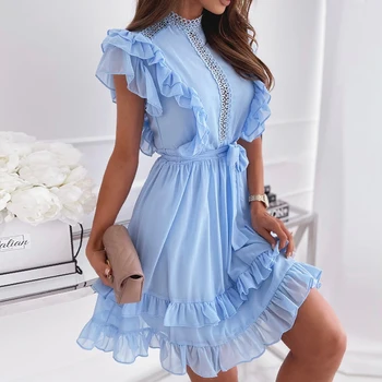 Vasaros Drugelis Rankovėmis Suknelė Nėrinių Kratinys Moterų Elegantiškas Pynimas Office Suknelė Mėlyna Linija, Tuščiaviduriai Iš Šalies Vestidos 2021 Naujas - 
