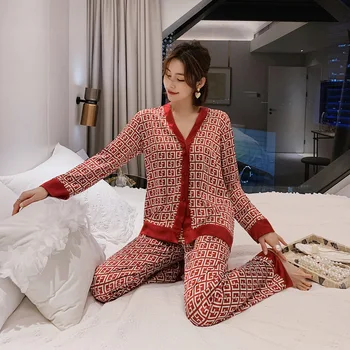 2021 m. Pavasarį Moterų Pižama Nustatyti Naujas Prabangus Stilius Mada Cross Laiškas Spausdinti Sleepwear Kaip Šilko Laisvalaikio Namuose Drabužiai, naktiniai drabužiai - 