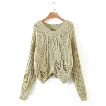 Mados džemperis moterims ilgomis rankovėmis megztinis atsitiktinis megzti megztinis prarasti v-kaklo megztinis baltos kankina megztinis chaki rožinė viršūnes rudenį - 
