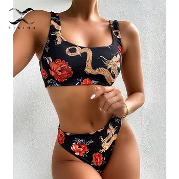 Bandeau aukšto juosmens bikini komplektas Dragon spausdinti moterų maudymosi kostiumėlį Moteris push up maudymosi kostiumėliai, Gėlių seksualus bikini 2020 Sporto maudymosi kostiumas - 