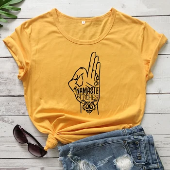 Namaste Palm T-shirt Estetinės 90s Meditacija Grafinis Yellow Top Marškinėliai, Juokinga Moterų trumpomis Rankovėmis Sporto salę Jogos Marškinėlius - 