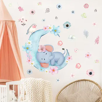 Animacinių filmų baby dramblys gulėti ant pusmėnulio sienų lipdukai vaikų kambario, miegamojo, apdailos lipnios sienos lipdukai - 