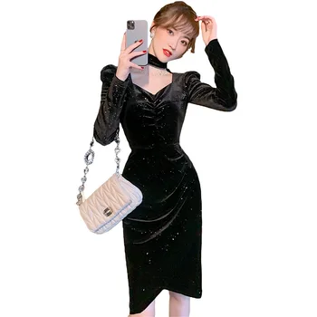 Prancūzų Stilius Derliaus Juodo Aksomo Suknelė Moteris ilgomis Rankovėmis China Suknelės Naujųjų Metų 2021 Vien Šalis Suknelės Moterims Vakaras - 