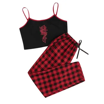 Moterų Mados seksualus spausdinti pižama nustatyti camisole apatiniai, pižama raudonas pledas kelnės patogiai домашняя одежда женская M* - 