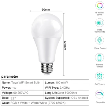 Tuya Smart Lemputė 9w Spalvos Keitimas Wifi Lemputė E27 RGBCW LED Lemputės šviesos srautą galima reguliuoti Smart Gyvenimą PROGRAMĄ, Suderinamą Su Alexa 