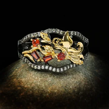 Derliaus Teismas Stilių Papuošalų Moterims, Subtilus Gėlių Apdaila Ruby 925 Sidabro Žiedas Kilnus Banketų, Vestuvių Juodojo Aukso Žiedas - 