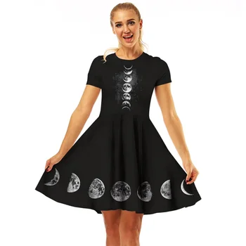 Raisevern Harajuku Juoda Moterų Gotikos Suknelė 3D Mėnulio Fazės Spausdinti Trumpas Rankovės-Line Suknelė, Mini Suknelė Vestido Lašas Laivybos - 