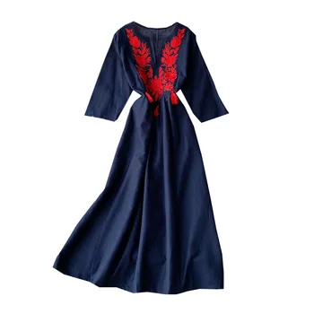 Ilgomis Rankovėmis Rudenį 2021 Šalies Prabanga Pavasario Tako-Line Suknelė Siuvinėjimų Suknelės Moterims Derliaus Elegantiškas Aukštos Juosmens - 