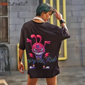 Laisvi Marškinėliai Moterims Vasaros 2021 Naujas Atspindinčios Šviesos Raidžių Plus Size Ilgai Tees Hip-Hop Juokingas Animacinių Filmų Spausdinti Juodas Megztinis Viršūnės - 