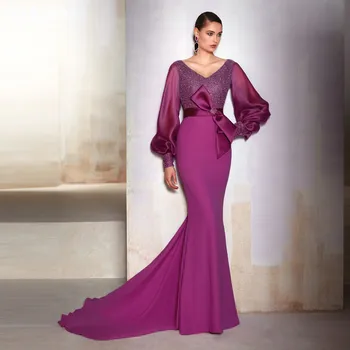 Elegantiškas V-Iškirpte Vakaro Suknelė Pūsta Organza Rankovėmis Mermaid Linijos Suknelę Įspūdingų Lankas Raudonos Kokteilis Suknelės SoAyle - 