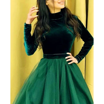 Ilgomis Rankovėmis Musulmonų Vakarinę Suknelę Aukštu Kaklu Green Blue Velvet Islamo Dubajus Kaftan Saudo Arabų Boho Prom Dress - 