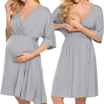 Moterų Motinystės Suknelė Slaugos Pižamą Krūtimi vientisos Spalvos trumpomis Rankovėmis O-Kaklo Sleepwear Vasaros Motinystės Drabužiai - 