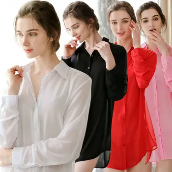 2021 m. Vasarą, Palaidinės, Moterų Ilgas Rankovėmis Šifono Viršūnes Plius Dydžio Baltos spalvos Palaidinė Moterims Raudona seksualus marškinėliai Mygtuką iki Ponios marškinėliai topai - 