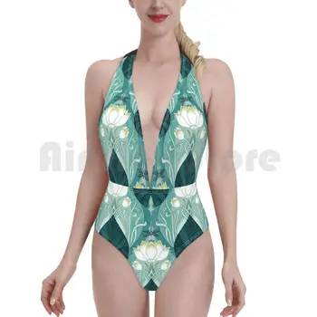 Nouveu Waterlily maudymosi kostiumėlį vienas gabalas Paminkštintas Bikini Adenaj Art Nouveau Waterlily Lelija Lelija Gėlė Gėlių Žalia Geltona Balta - 