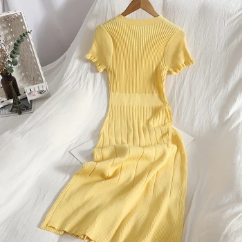 Įstrižai-breasted slim-fit padalinta suknelė vasaros suknelė naują laukinių grybelio trumpas rankovės vientisos spalvos megztas maišelį klubo Vidurio Blauzdos suknelė moterims - 