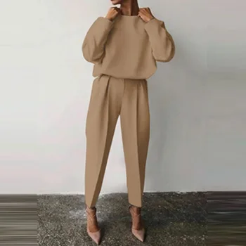 2021 m. Pavasarį Kietųjų Homewear Dviejų dalių Rinkiniai Moterims ilgomis Rankovėmis Viršūnes Megztinis ir Ilgas Kelnes Pižama Kostiumą Lady O Kaklo Minkštųjų 2 Vnt Rinkinys - 