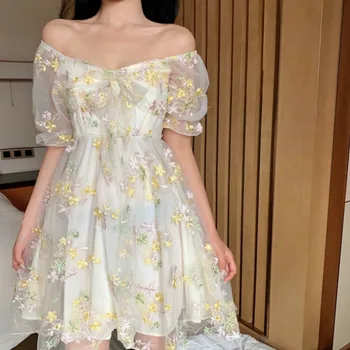 Prancūzijos Gėlių Suknelė Moterims Seksualus Sluoksniuotos Rankovėmis Nėriniais, Šifono Spausdinti Mini Suknelė Moterims Vasaros Korėjos Stiliaus 2020 Sluoksniuotos Kvadratinių Kaklo Suknelė - 