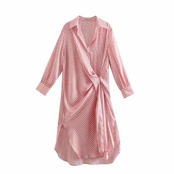 2021 ZA Rožinis Dryžuotas Marškinėliai Suknelė Moterims ilgomis Rankovėmis Ruching Pavasario 