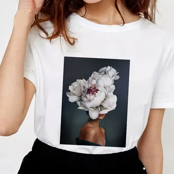 Marškinėliai Estetinės Moteris Gėlių Spausdinti marškinėlius Vasara O-kaklo trumpomis rankovėmis moterims topai moterų marškinėlius Hipster marškinėliai Lady Mujer - 