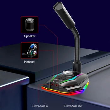 Kompiuteris, USB Mikrofonas RGB Mic Žaidimų Live HD Garso Plokštę su Garsiakalbiu Ausinių Lizdas Triukšmo Mažinimo 60° Pasukti Imtuvas - 