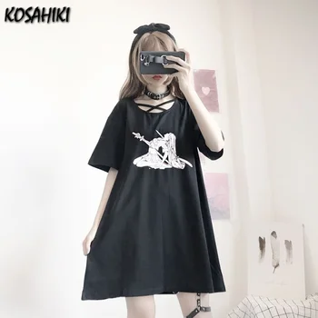 KOSAHIKI trumpomis Rankovėmis T-shirt Moterims, Black, Gothic Harajuku T Marškinėliai Suknelė 2021 M. Vasarą Japonų Animacinių filmų Mergina Spausdinti Streetwear Viršūnės - 