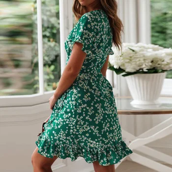 2019 Naujas Moterų Vasaros Suknelė Spausdinti Boho Stiliaus Šifono Paplūdimio Suknelė Elegantiškas Linijos Sexy V Kaklo, Pynimas Mini Suknelė Vestidos - 