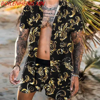 Vyriški Laisvalaikio sportinės aprangos Sandbeach Trumpas Rankovės Šortai Poliesterio Pluošto Tiktų Spausdinti Havajų Vyrų Kostiumas X-large - 