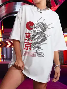 Negabaritinių marškinėliai Ulzzang Harajuku Kinų Drakonas Spausdinti Marškinėliai Moterims Atsitiktinis Trumpas Rankovės Streetwear Viršūnes Moterų Marškinėliai Drabužių - 