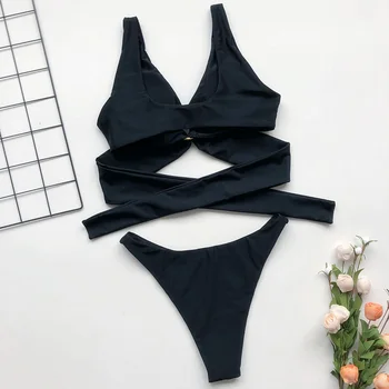 2020 Seksualių Moterų maudymosi kostiumėlį, maudymosi Kostiumėliai, Moterų Kietas Juodas Diržas Tvarstis Brazilijos Bikini komplektas Biquini Maudymosi Kostiumas Moterims - 