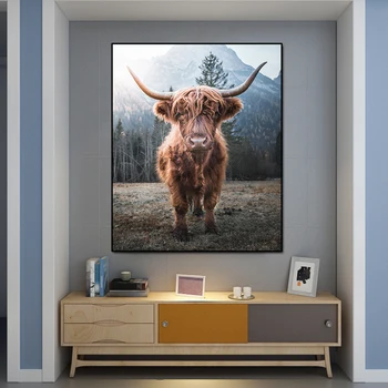 Škotijos Karvės Gyvūnų Drobės, Paveikslai, Sienos Meno Plakatas ir grafika Šiuolaikinių Kalnų Kraštovaizdžio Nuotraukos Kambarį Namų Dekoro Cuadros - 