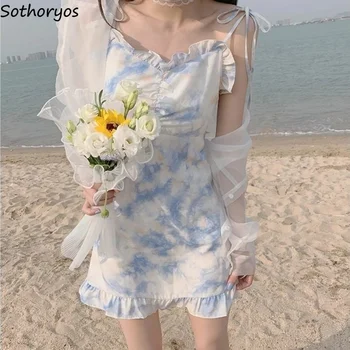 Moterys Be Rankovių Suknelės Saldus Kaklaraištis Dažų Puikus Virš Kelio Retro Pasakų Streetwear Švelnus, Elegantiškas Korėjos Stiliaus Shirring Princesė - 